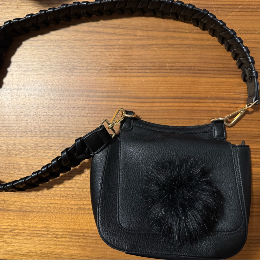Anthropologie JULES KAE Black Vegan Leather Pompom Crossbody Handbag
